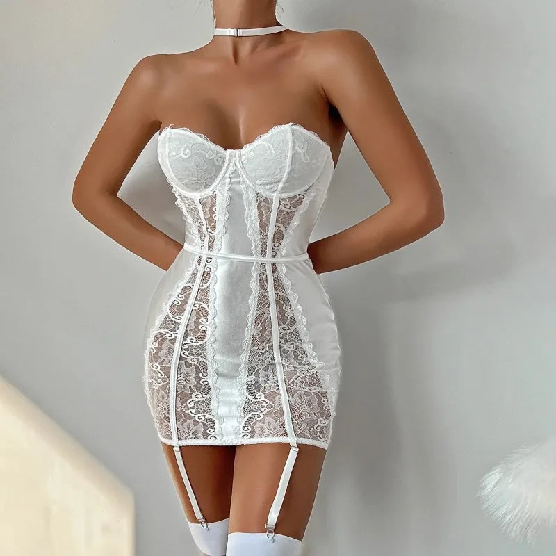 Women's Lingerie Sexy Nightwear Lace Spliced Sensual Night Dress Strapless Backless Babydolls Garter Club Sexy Erotic Costumes