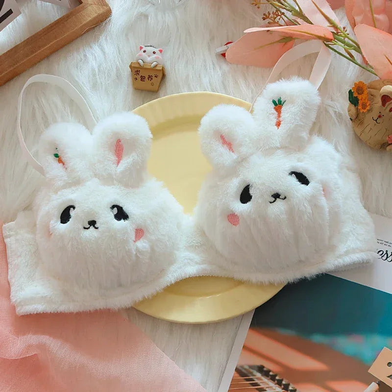 A Cute Japanese-style Plush Winter Bra with A Rabbit and A Bear, and No Underwire