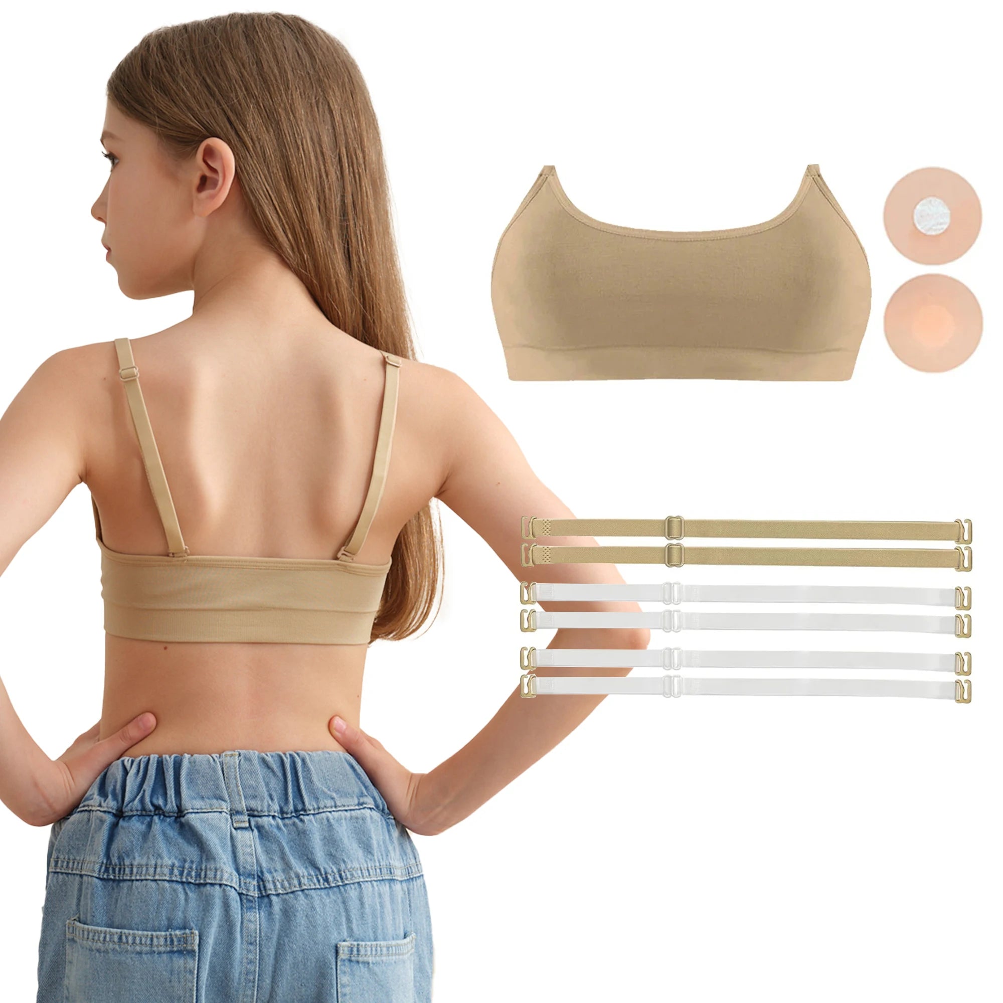 Girl Ballet Dance Bras Seamless Wireless Elastic Bras Adjustable Replace Clear Straps Removable Sponge/Silicone Chest Padding ﻿