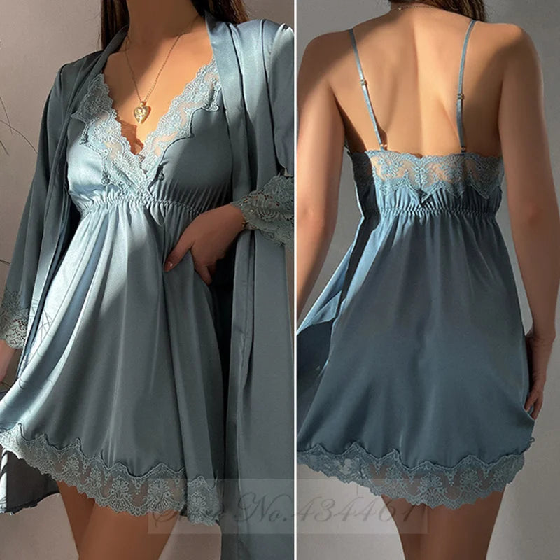 Sexy Lace Twinset Robe Set Nightgown Silky Satin Home Dress Lounge Wear Summer Female Sleepwear Kimono Bathrobe Gown Lingerie