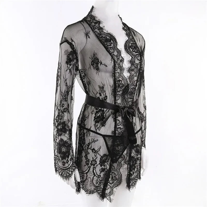 Erotic Transparent V-Neck Lace Babydoll Women Sexy Lingerie Nightwear Robe G-string Costume Robe Sleepwear Dress
