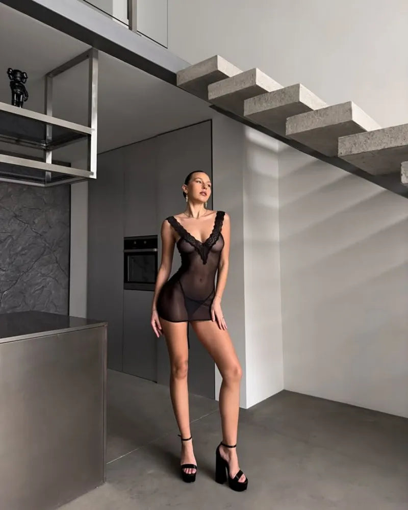 MIRABELLE Backless Sheer Lace Babydoll Dress Sexy Cutout Tie Détails See through Lingerie Transparent Nightwear Erotic Lace up D