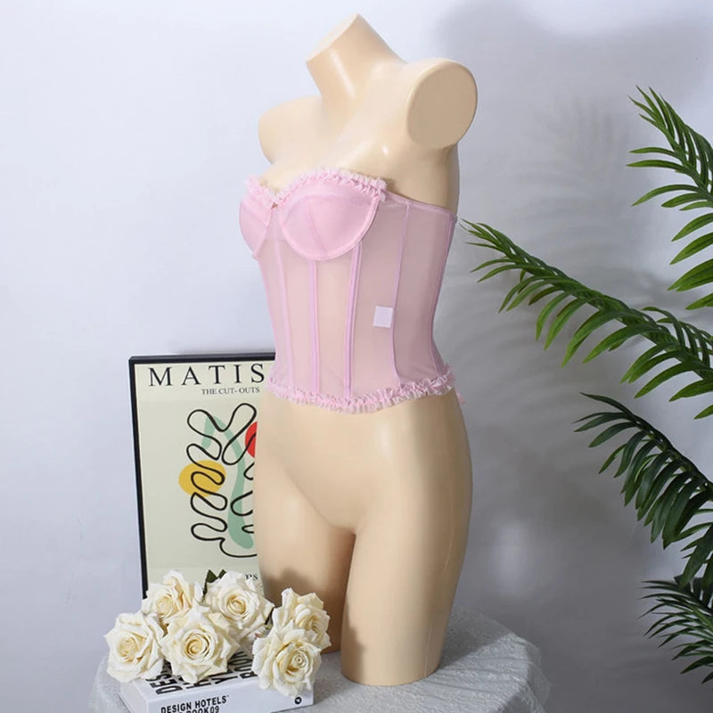 Women Sheer Lingerie Streetwear Lace-up Bustier Corset Tops Slim Backless y2k Tank Top Strapless Striped Sheath Sexy Camisole