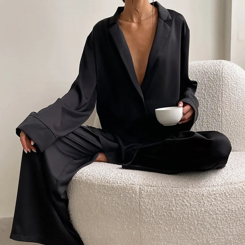 Two Pieces Women Pajama Sets Single Breasted Blouses Lounge Full Sleeve Spliced Straight Pants Casual Solid Lady Sleepwear