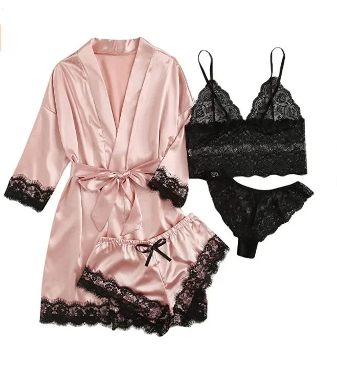 Spring and Autumn Women's Sexy High-quality Lace Camisole Pajamas Soft Comfortable Breathable and Comfortable 4-piece Set