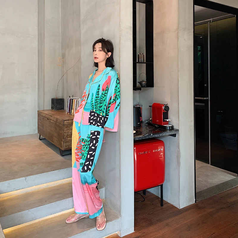 Satin Pajamas Set Spring Summer Home Suit with Pant Women's Print Pijama Suit Silk Pijama Set Sleepwear for Female Pyjamas