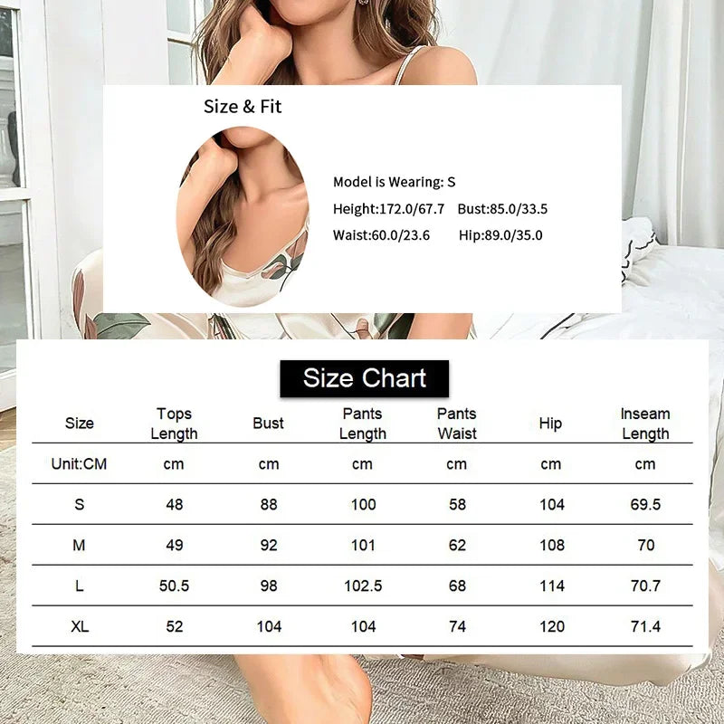 2026 Women's Elegant Leaf Print Satin Pajama Set V Neck Cami Top and Elastic Pants for Comfortable Sleep and Lounging Sleepwear