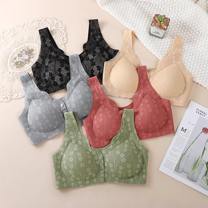 Mom's underwear, middle-aged and elderly women's bras, seamless front open button vest style, oversized summer thin new bra