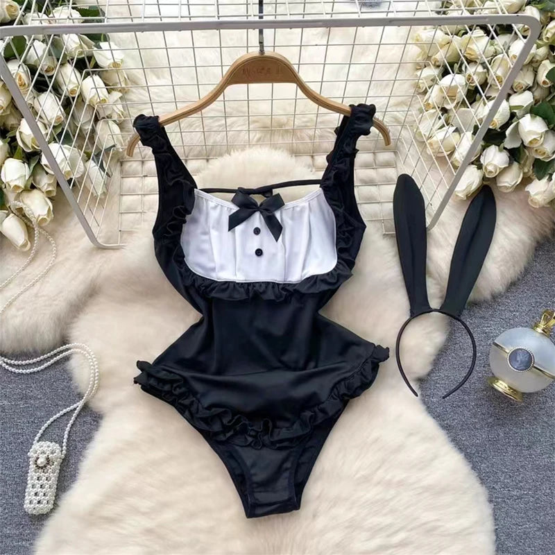 Backless Hotsweet Bow Lingerie For Women See Through Mesh Sexy Bunny Costume Lingerie Bodysuit 4 Piece Jumpsuit Spot Lace Cospla