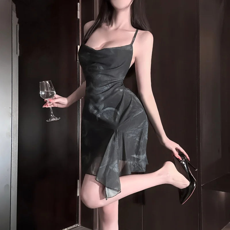Lingerie With Straps, Can Be Worn Outside, Versatile Short Skirt, Pure Desire Style, Hot Girl Cross-Backless PrintqqnySuit