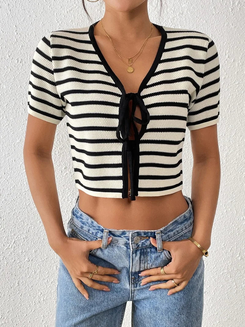 white black stripes short sleeve blouse for women turn-down collar V-neck cropped summer bikini tops hot girl boho beach tops