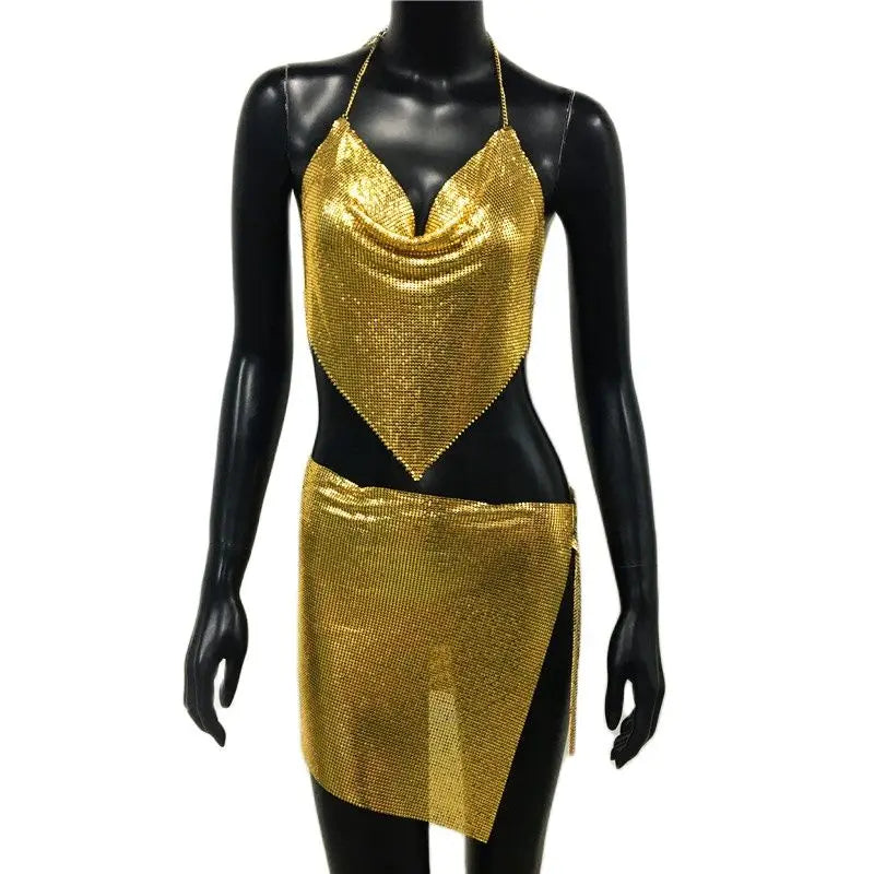 Sexy Metal Sequins 2 Piece Set Women Sleeveless Deep V Neck Backless Halter Tank Tops Split Mini Skirts Beach Party Outfits