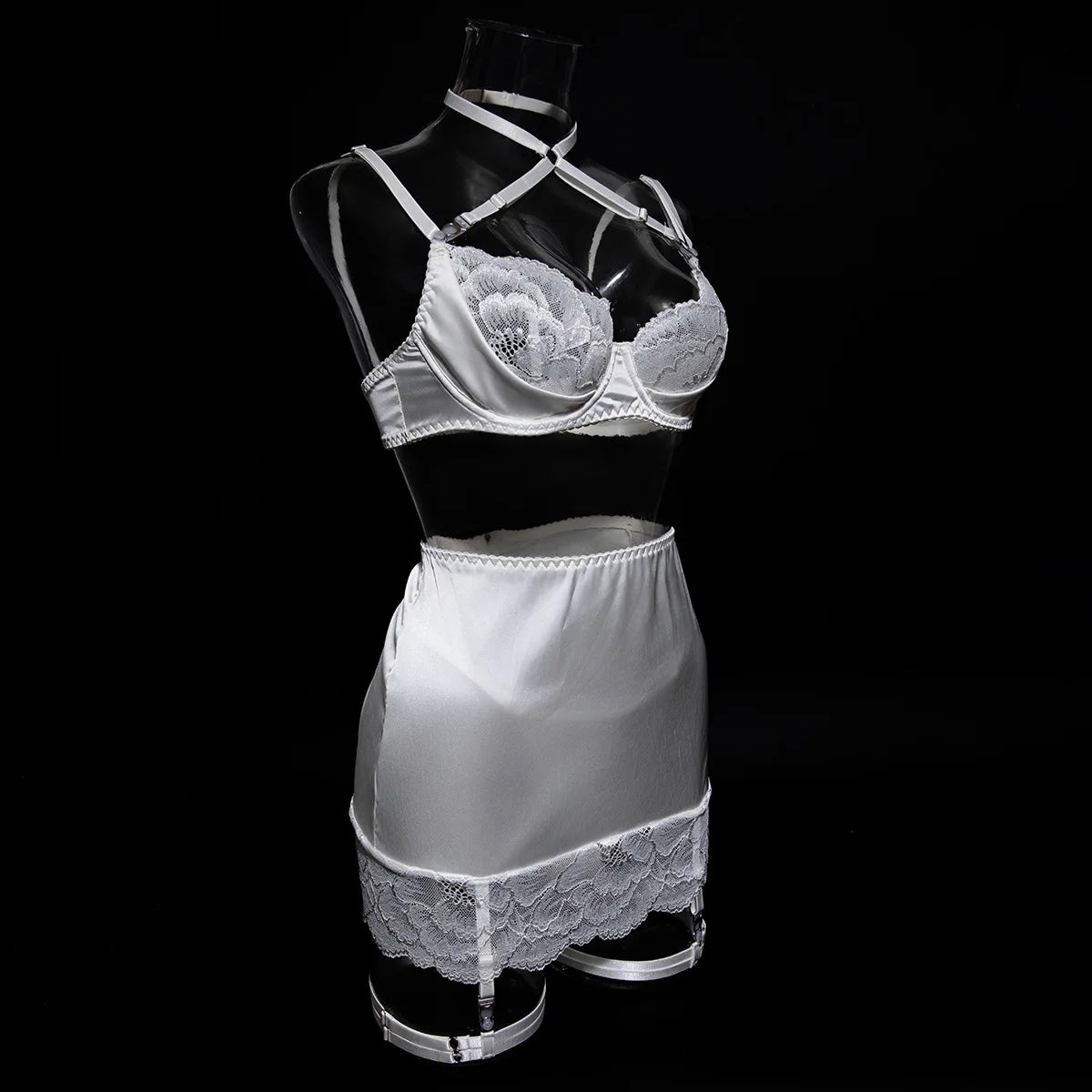 4 Pieces Sexy Lingerie Sets Women Hot Halter Lace Bra and Panty Garters Mini Skirt Set Sissy Erotic Costumes Romantic Underwear