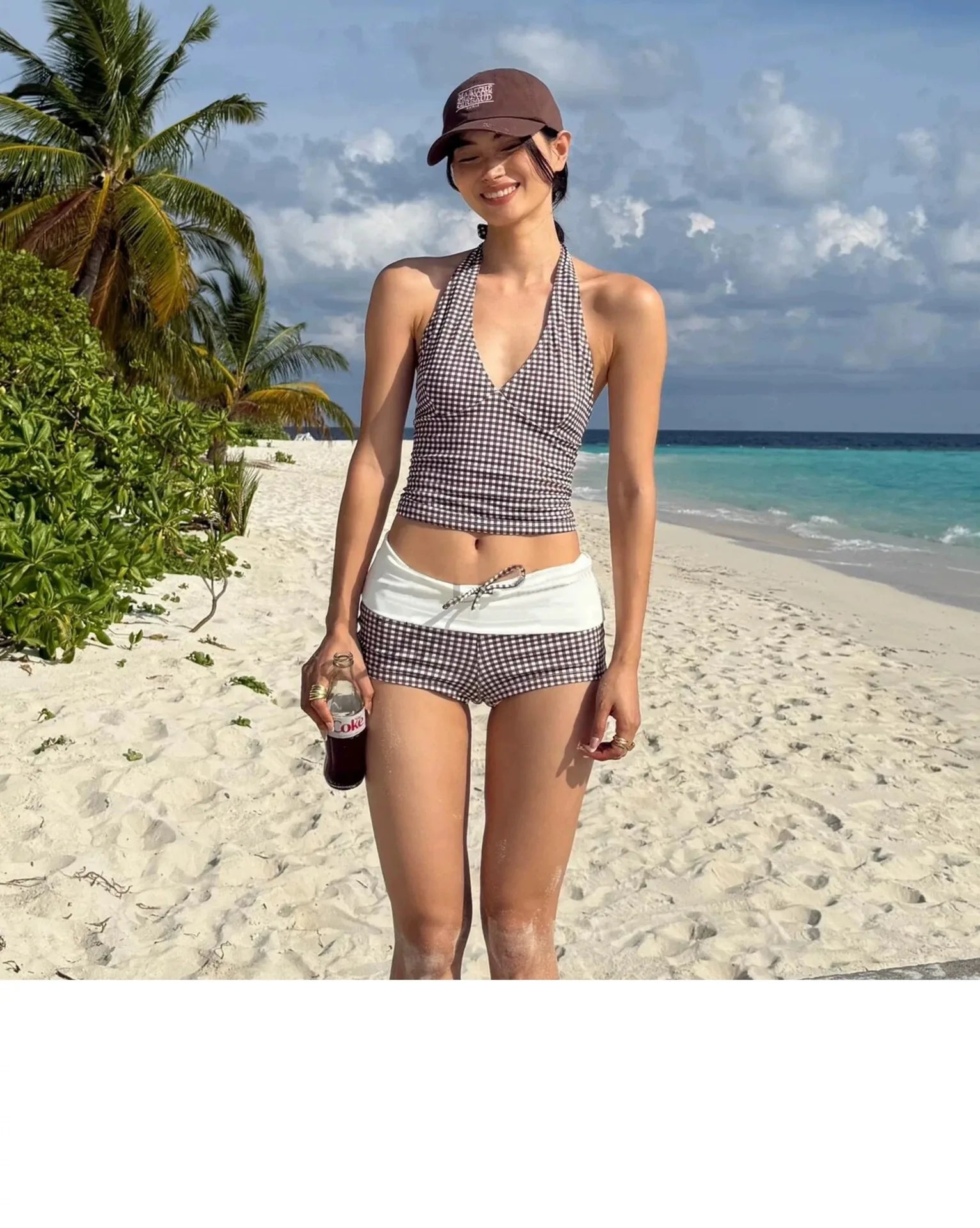 New Sexy Deep V Push Up Bikini Set High Waisted Checkered Brief Tummy Control Backless Two Piece Swimsuit for Beach Vacation