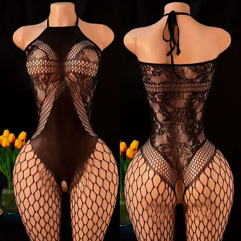 Lace Bra One-Piece Set Crotchless Lingerie Women's Curve Jumpsuit Hot Open Bras Body Stockings Halter Neck See-through Underwear