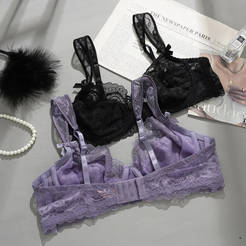 Sexy Ultra-thin Lace Bras Women's Push Up Bra Hollow Out Transparent Gathered Underwear French Elegant Ladies Bow Underwire