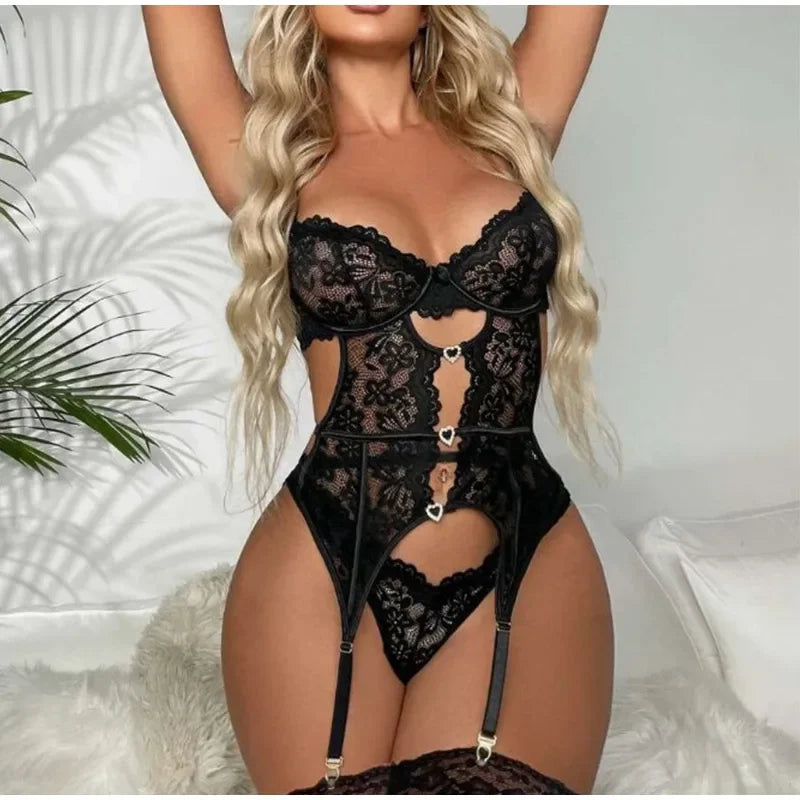 Lace Sexy Lingerie Set Sheer Transparent Bra Garter Belt Women's Hot Sleepwear Underwear Set Romantic Honeymoon Valentine's Gift