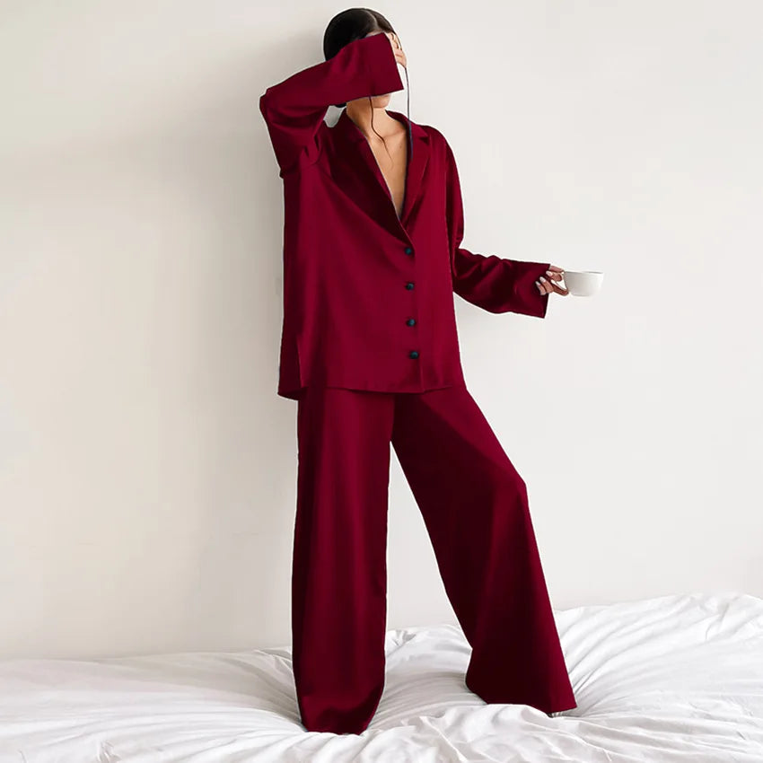 2026 Sexy Low Cut Pajama Sets for Women Loose Casual Long Sleeve Trouser Home Wear 2pcs Sets Solid Satin Silk Female Pijama Suit