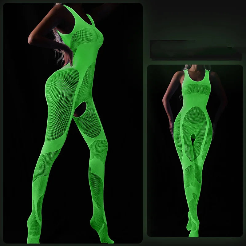 Sexy Hollow Out Luminous Bodysuit Sexy Lingerie See Through One-piece Luminous Suspenders Mesh Clothes Fishnet Socks Dress