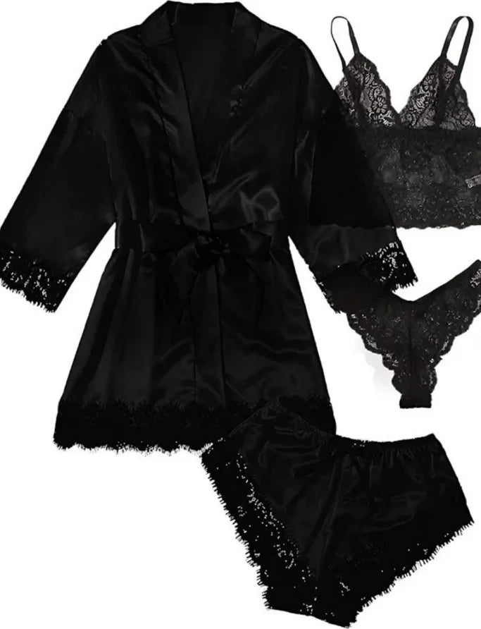 Spring and Autumn Women's Sexy High-quality Lace Camisole Pajamas Soft Comfortable Breathable and Comfortable 4-piece Set