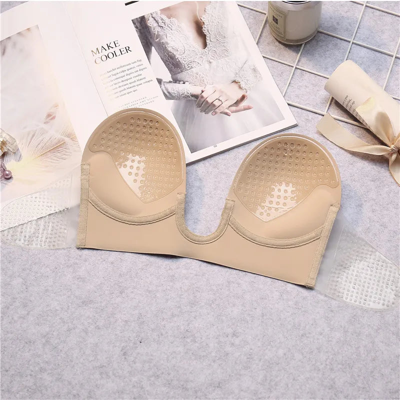 Strapless Bras Invisible Push Up Bra Silicone Brassiere Deep U Underwear Dress Wedding Party Sticky Self-adhesive