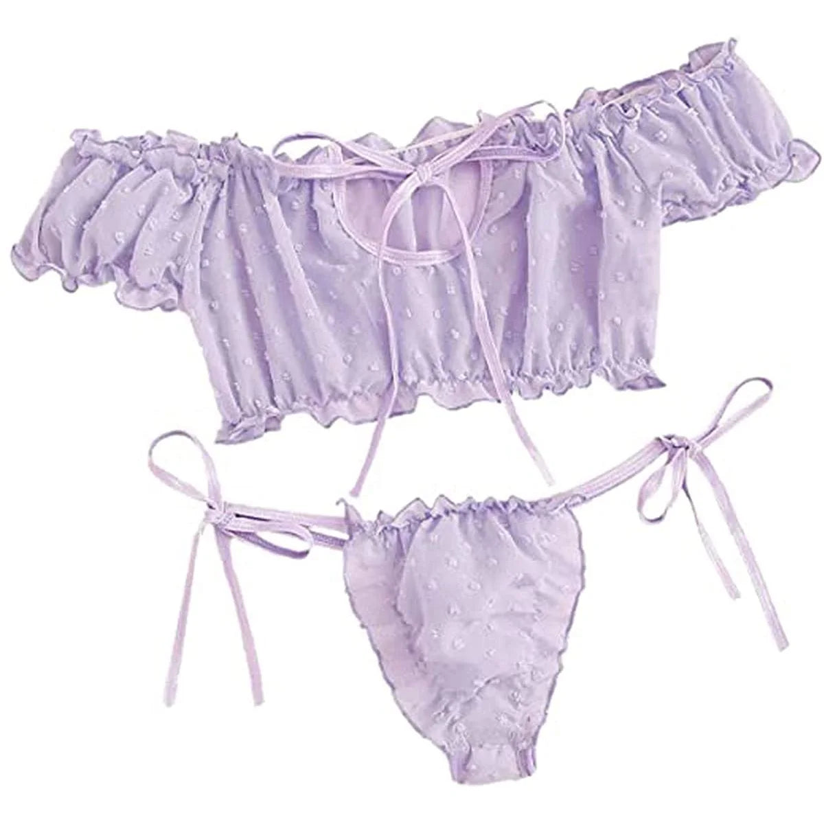 Women's Sexy Lingerie Set Mesh Lace Ruffle Cute Dot Transparent Bra and Panty Wireless Thong Bandage Exotic Sets