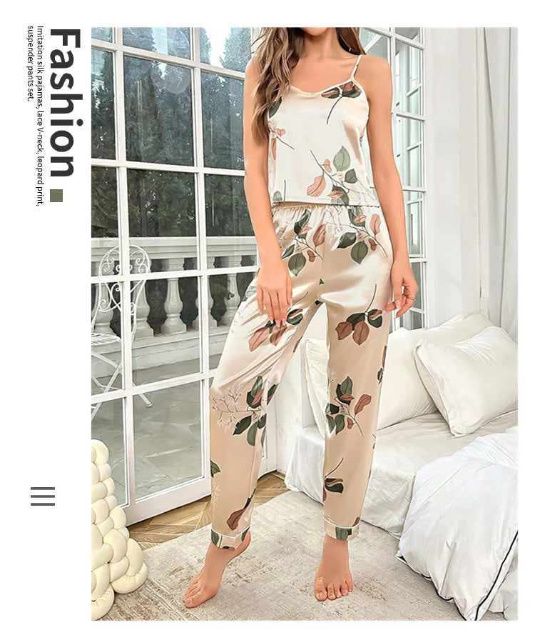 2026 Women's Elegant Leaf Print Satin Pajama Set V Neck Cami Top and Elastic Pants for Comfortable Sleep and Lounging Sleepwear