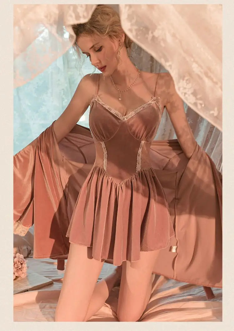 Women Robe Nightwear Lace French Nightgown Sleepwear Hollow out velvet camisole Lingerie Robe 2022 Spring Autumn Set Sexy Sweet