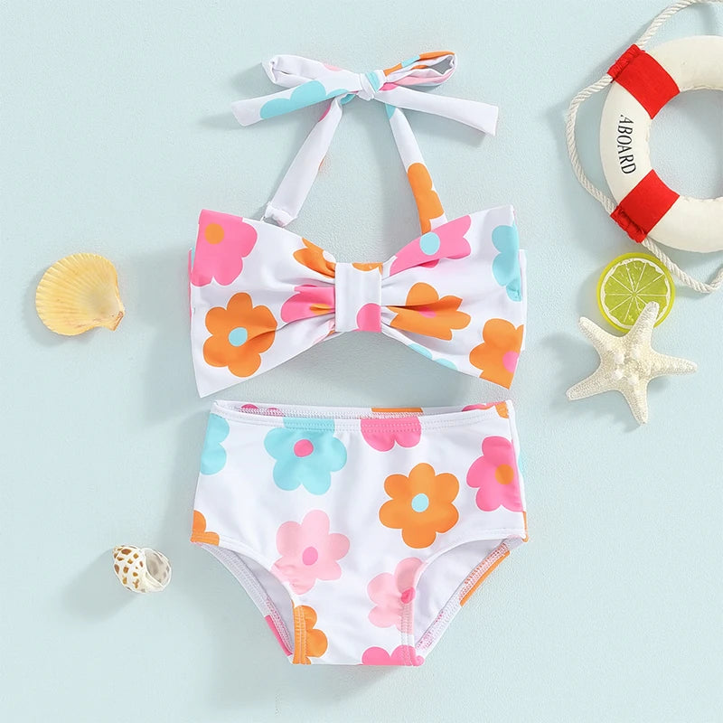 Citgeett Summer Kids Girls Bikini Outfits Set Flower Plaid Print Sleeveless Bow Bikini Tops Shorts Swimsuit Clothes