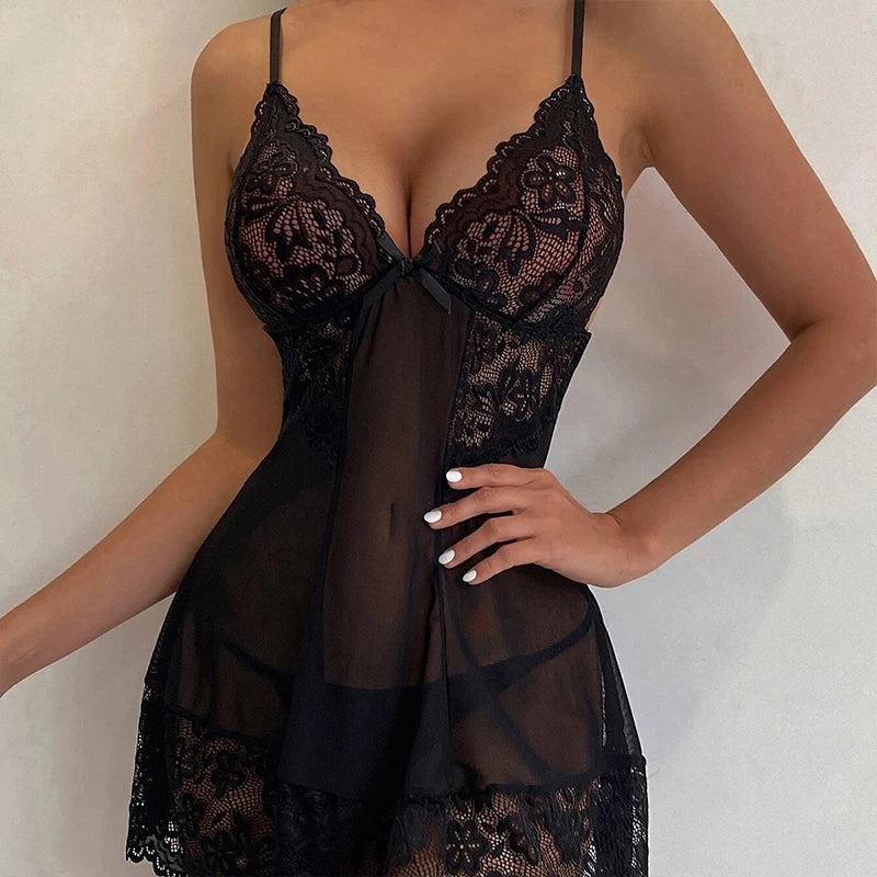 Sexy Deep V New See Through Black Lace Bow Bra Women's Sleeping Skirt Set Erotic Temptation Exotic Mini Dress Babydolls Lingerie