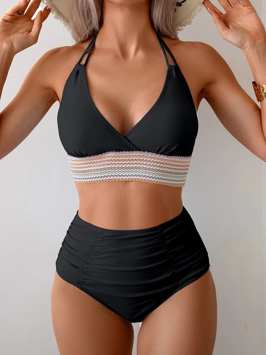 Black Halter Neck Bikini Navy Blue High Waisted Bikinis Olive Green Ruched Waist Swimwear Cropped Top Two Piece Swimsuit