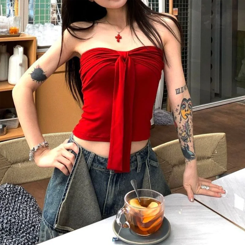 Sleeveless Top For Women Summer Slim Bow Crop Top Sexy Skinny Tube Tops Fashion Clothing Streetwear Girl