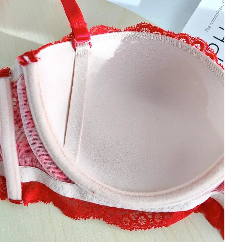 Removable double straps sexy lace gathered soft steel ring bra up support small breasts show large half cup underwear