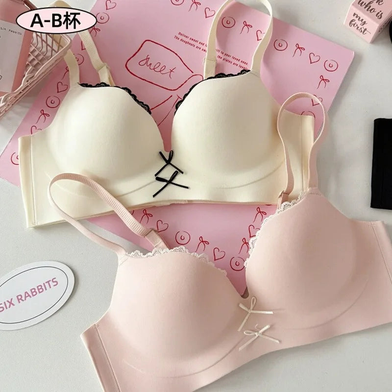 Lace-trimmed Sexy Bra, Full Cup, Bow Support, Side-reclining, High-elastic Undergarment Without Underwire