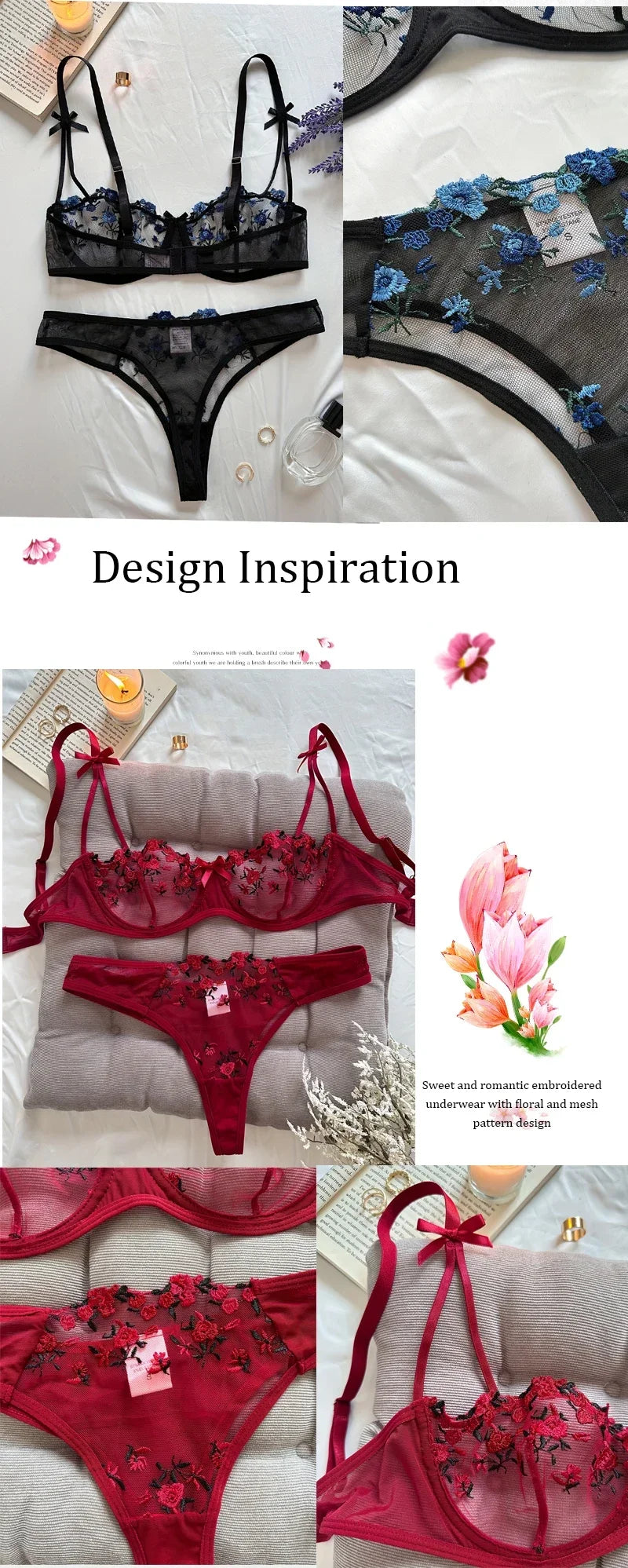 womens lingrie Night Beautiful Sexy Women 2 Piece floral Embroidery Underwear Erotic lingerie underwear Set conjuntos de mujer