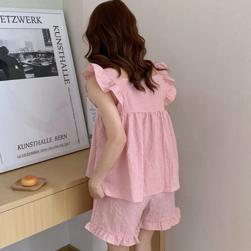 Pajama Sets Women Chic Square Collar Sweet Sleeveless All-match Home Plaid Cozy Sleepwear Korean Style Casual Summer Loose New