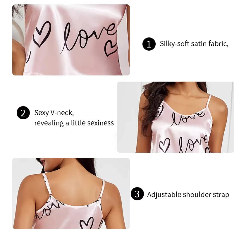 Womens Love Print Satin Pajama Set Cami Top and Pants Two Piece Sleepwear Loungewear for Summer Daily Home Wear