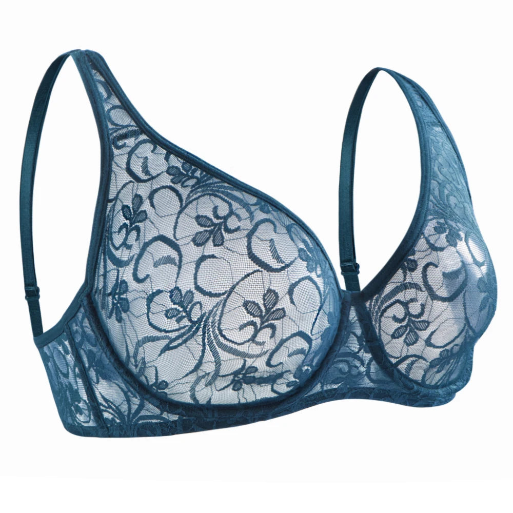 Bras For Women Plus Size Lace Mesh BH Tops Underwire Embroidery See Through Sexy Underwear Lingerie Brassiere A B C D DD Cup