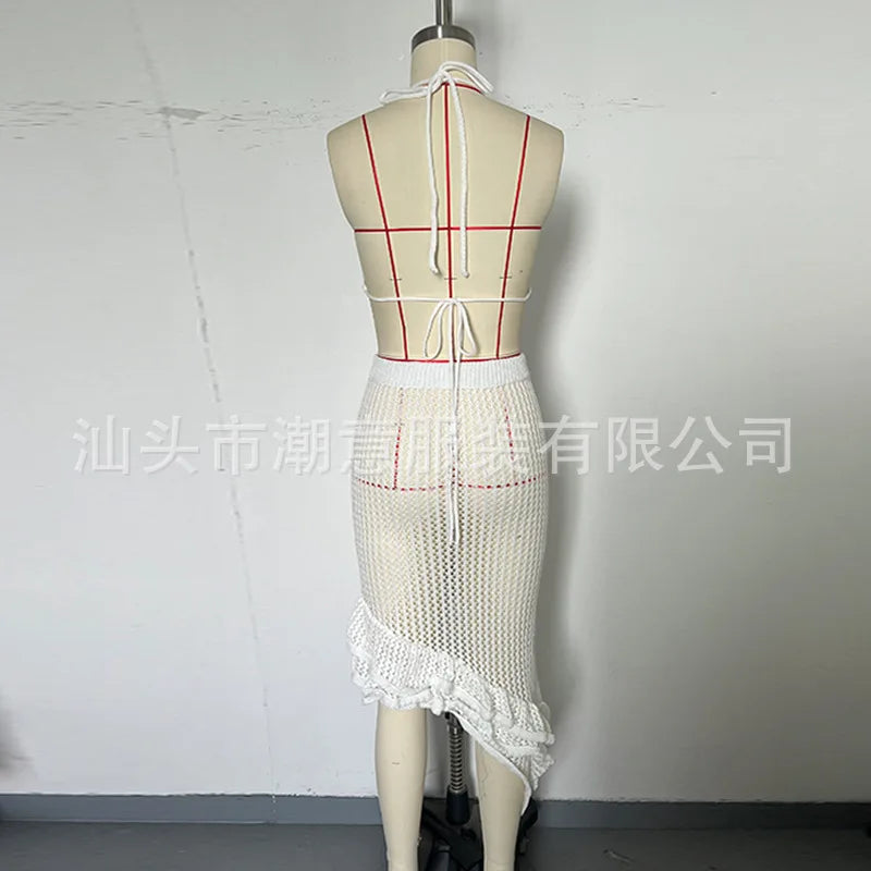 Sexy Women Bikini Two Piece Crochet Set Sleeveless Hollow Out Crop Top and Ruffled Skirt Outfit Summer Beach Knitted Cover Ups
