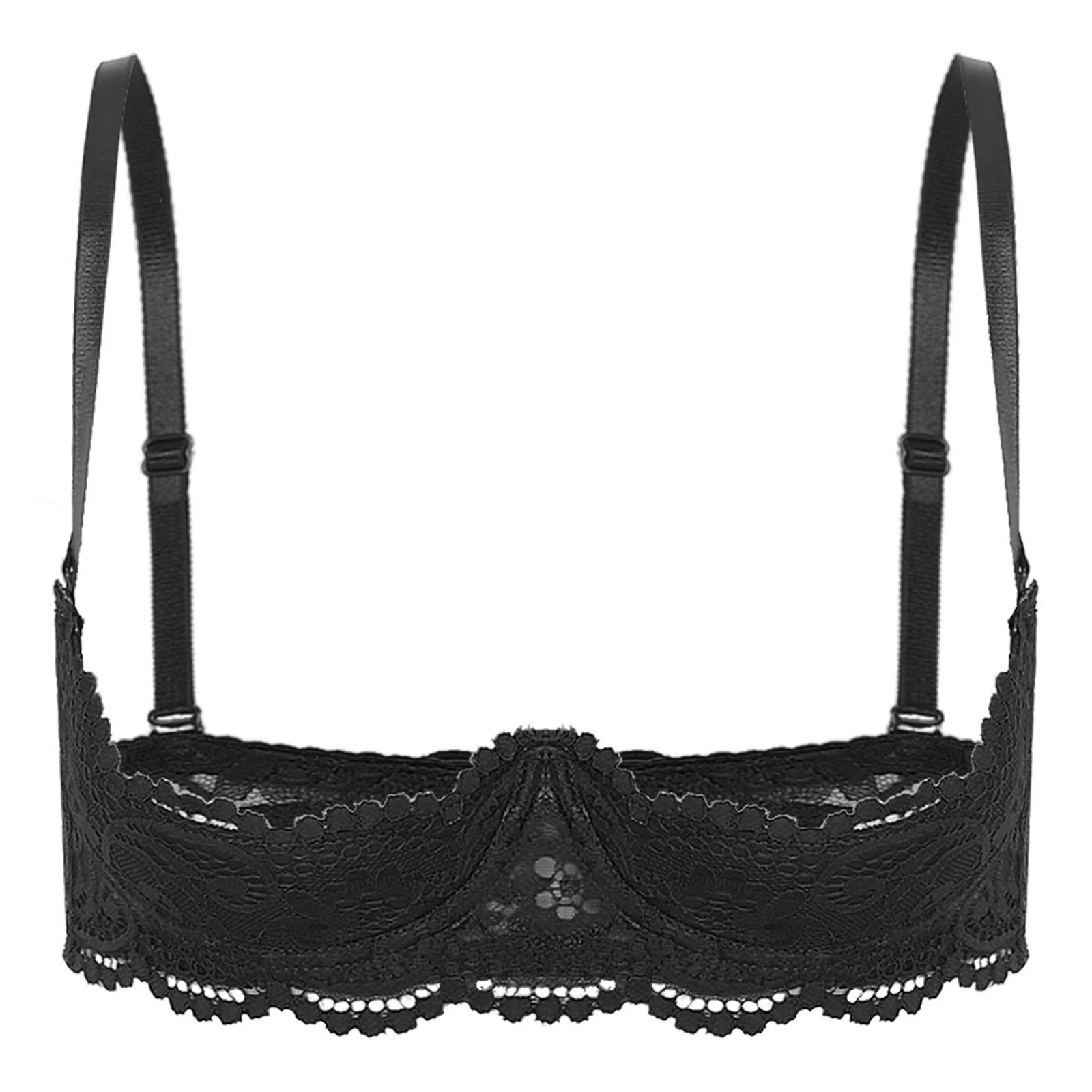 Womens Floral Lace 1/4 Cup Bra Adjustable Spaghetti Straps Push Up Underwired Self Bra Babydoll Lingerie Top Balconette Bras
