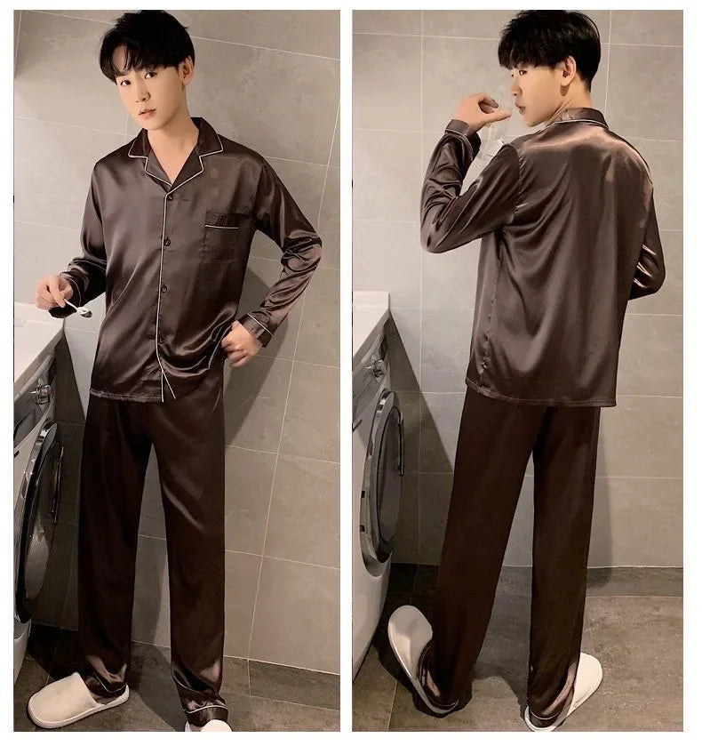 High Quality Men's Casual Pajama Sets Fashion Satin Long Sleeve Lapel Tops and Pants Homewaer Suit Men Comfort Lounge Sleepwear