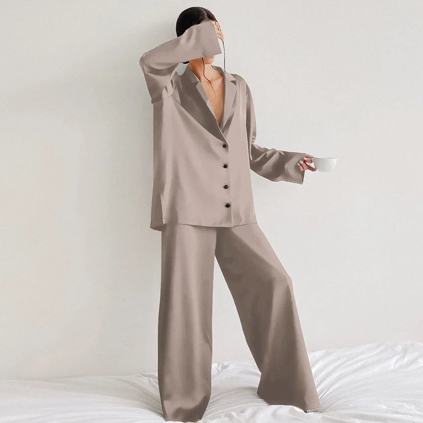 2026 Sexy Low Cut Pajama Sets for Women Loose Casual Long Sleeve Trouser Home Wear 2pcs Sets Solid Satin Silk Female Pijama Suit