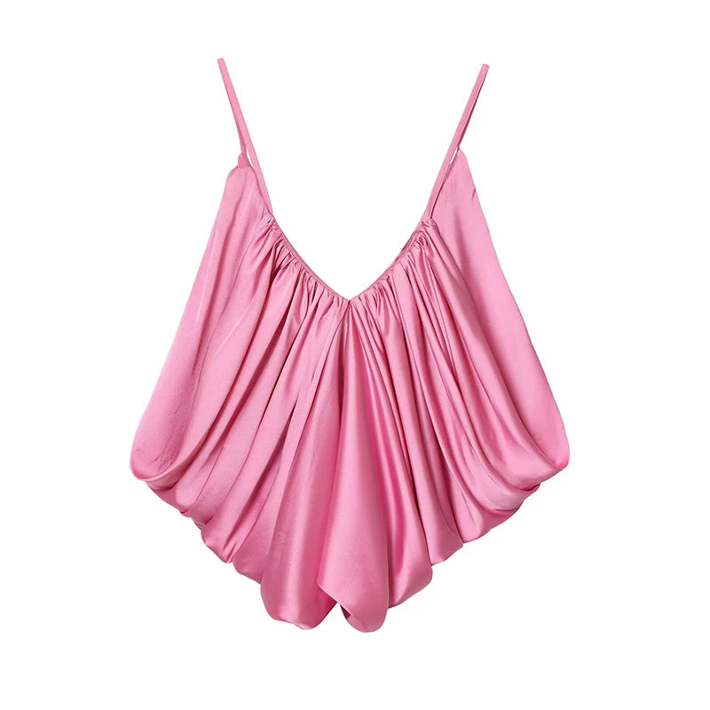 Women's Slip Tops Fashion Satin Pleated V-Neck Sleeveless Top Summer Sexy Female Chic Tops