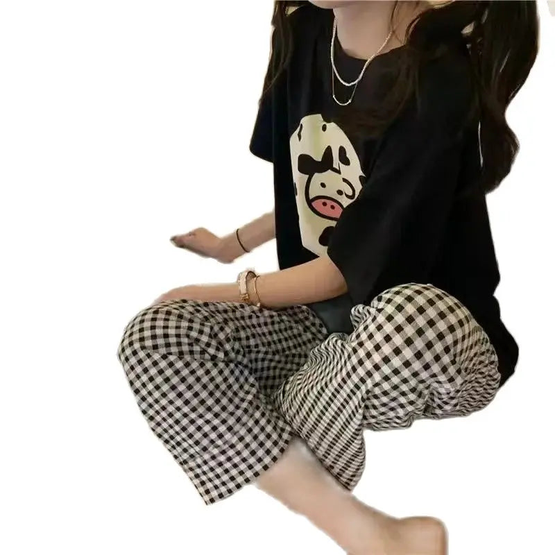 Women Pajamas Two-pcs Set Homewear Sleepwear Pajama Set Summer Ladies Comfortable Clothing Girls Cartoon Half-sleeved Long Pants