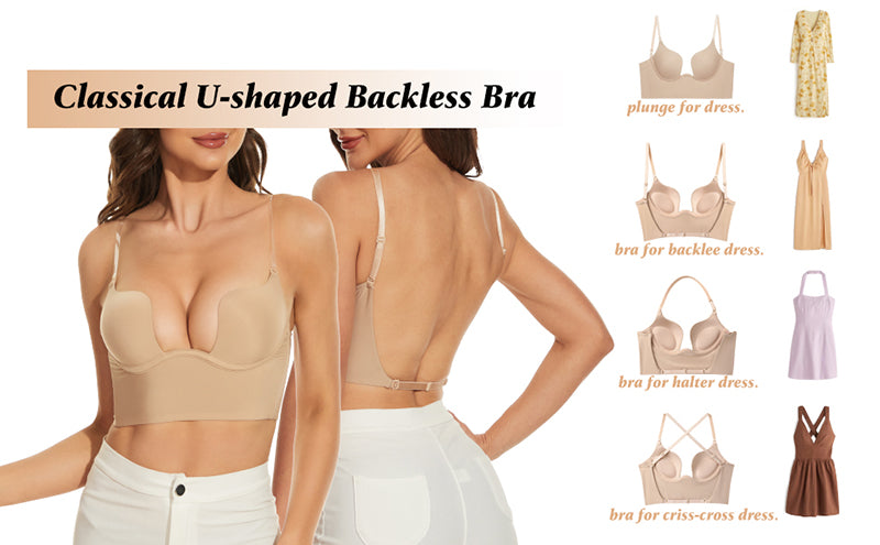 Seam-free Womens Low Cut Plunge Bra Wire Lifting Deep U Shaped Multi-Way Push Up Convertible Plunge Backless Sexy Bra
