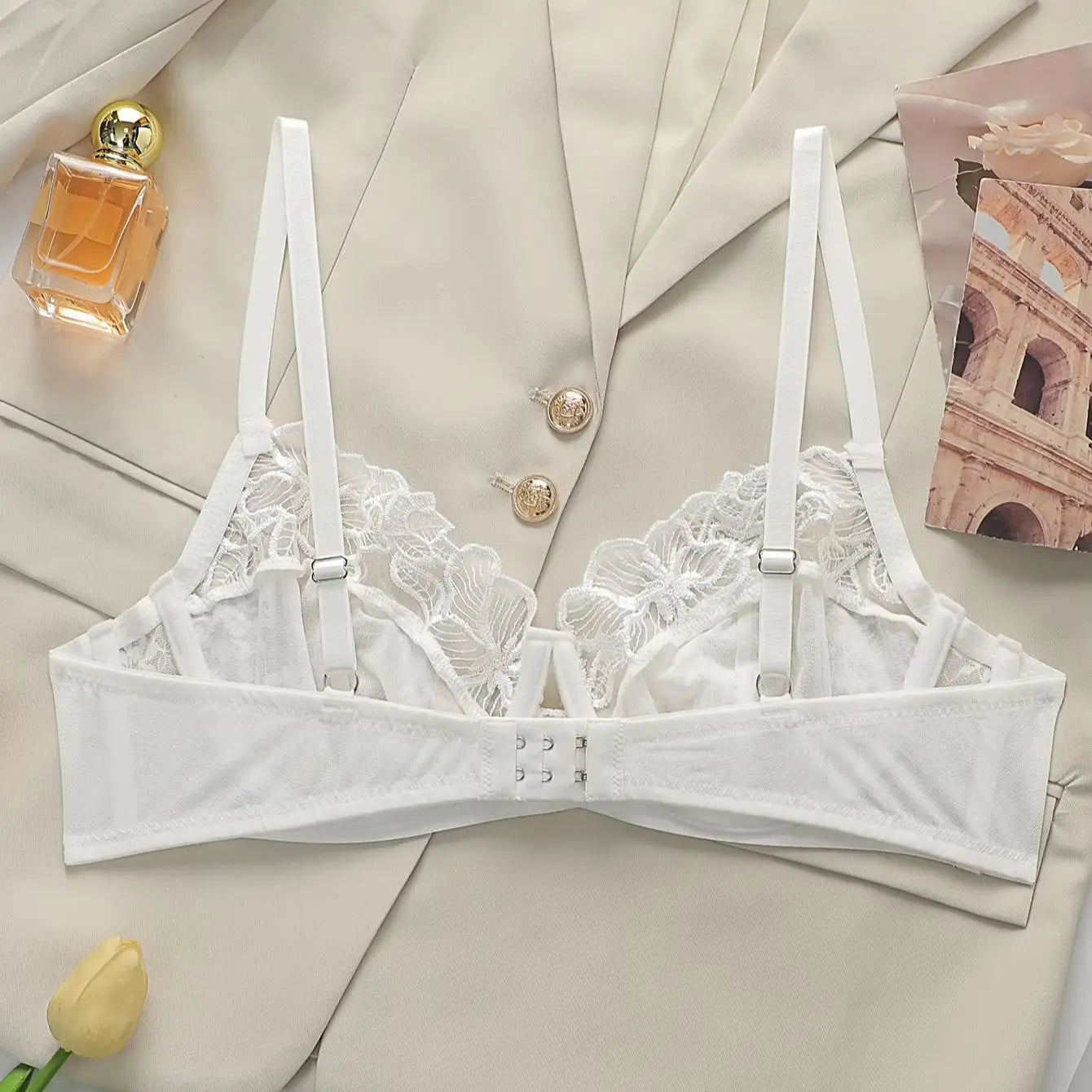 White Floral Lace Balconette Bra for Women Underwire Half Cup Lingerie Elegant Style Sheer Mesh Bralette For Everyday