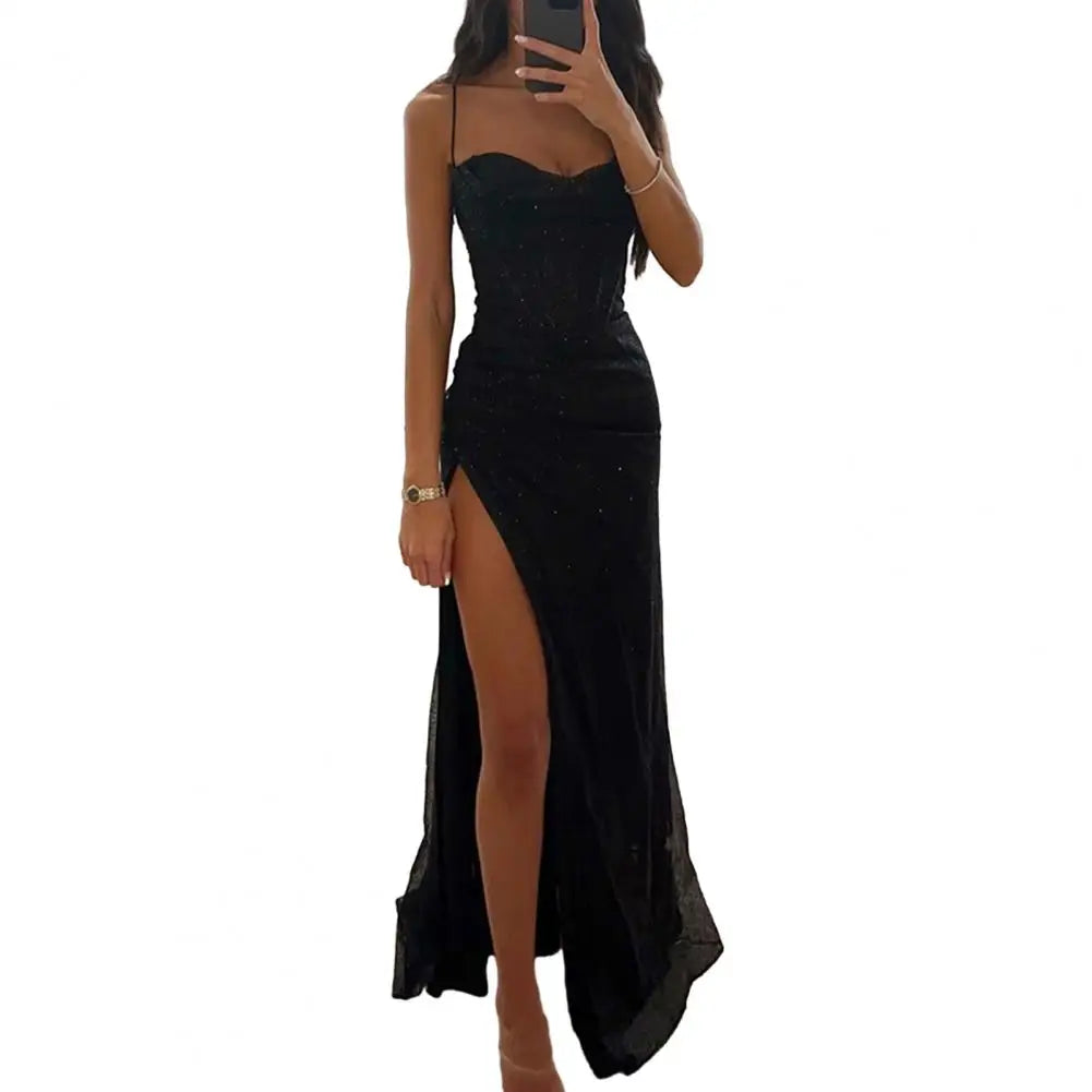 Sexy Women Evening Dress Spaghetti Strap Shiny Sequin Sleeveless Off Shoulder Low-cut High Split Prom Dress Long Party Dress