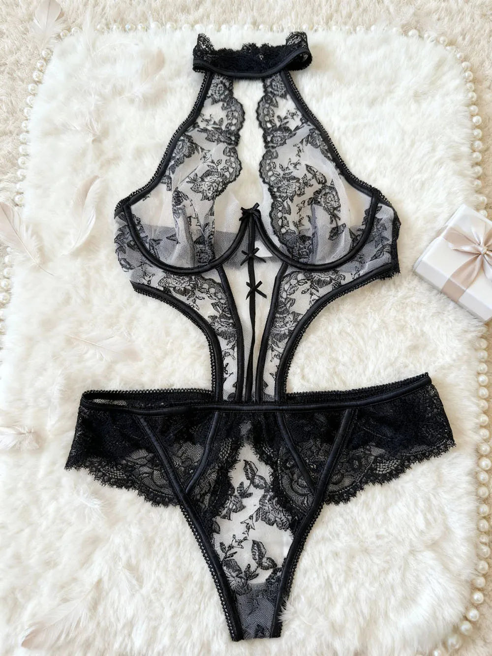 Women Sexy Halter Bodysuit Sheer Mesh Bodysuit Floral Embroidery Lace Skinny Backless Hollow Out Bodycon Hot Sexy Lingerie