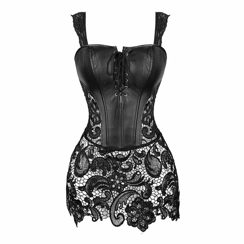 Women's Sexy Burlesque Lingerie Gothic Faux Leather Steampunk Corset Black Lace Bustier Overbust Corsage Korsett Corsets Top