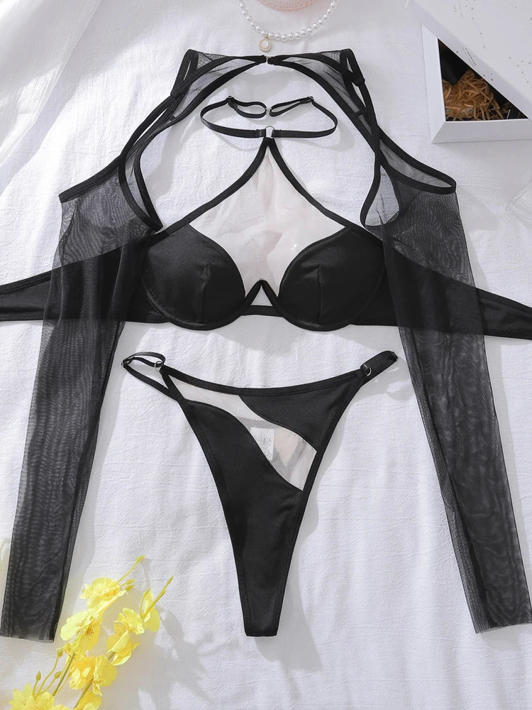 Lingerie Ultra Sexy With Sleeve Halter Bra Tulle Underwear Ensemble Lingeries Natural Clothes Female Skinny Underwear